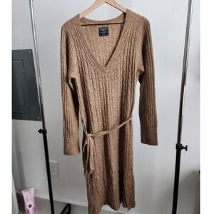 Abercrombie Fitch Womens  Sweater Dress Long Sleeve V Neck Tie Waist Camel XL